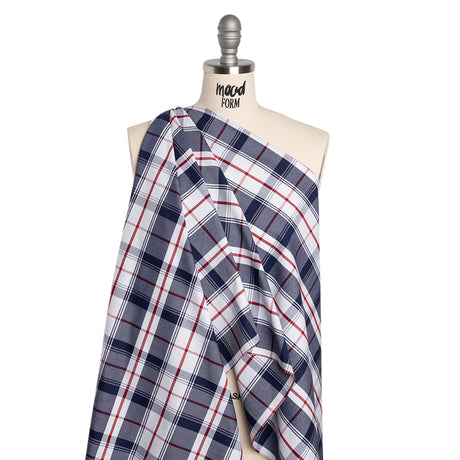 Cotton Oxford Shirting - Dark Blue, Cranberry Red and White Plaid - Deadstock