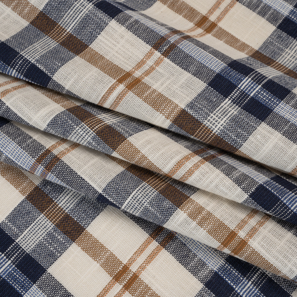 Lightweight Linen Woven - Navy, Camel Brown and Cream Plaid - Deadstock