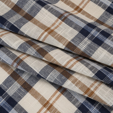 Lightweight Linen Woven - Navy, Camel Brown and Cream Plaid - Deadstock
