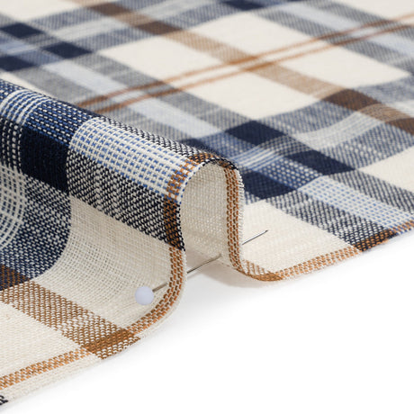 Lightweight Linen Woven - Navy, Camel Brown and Cream Plaid - Deadstock
