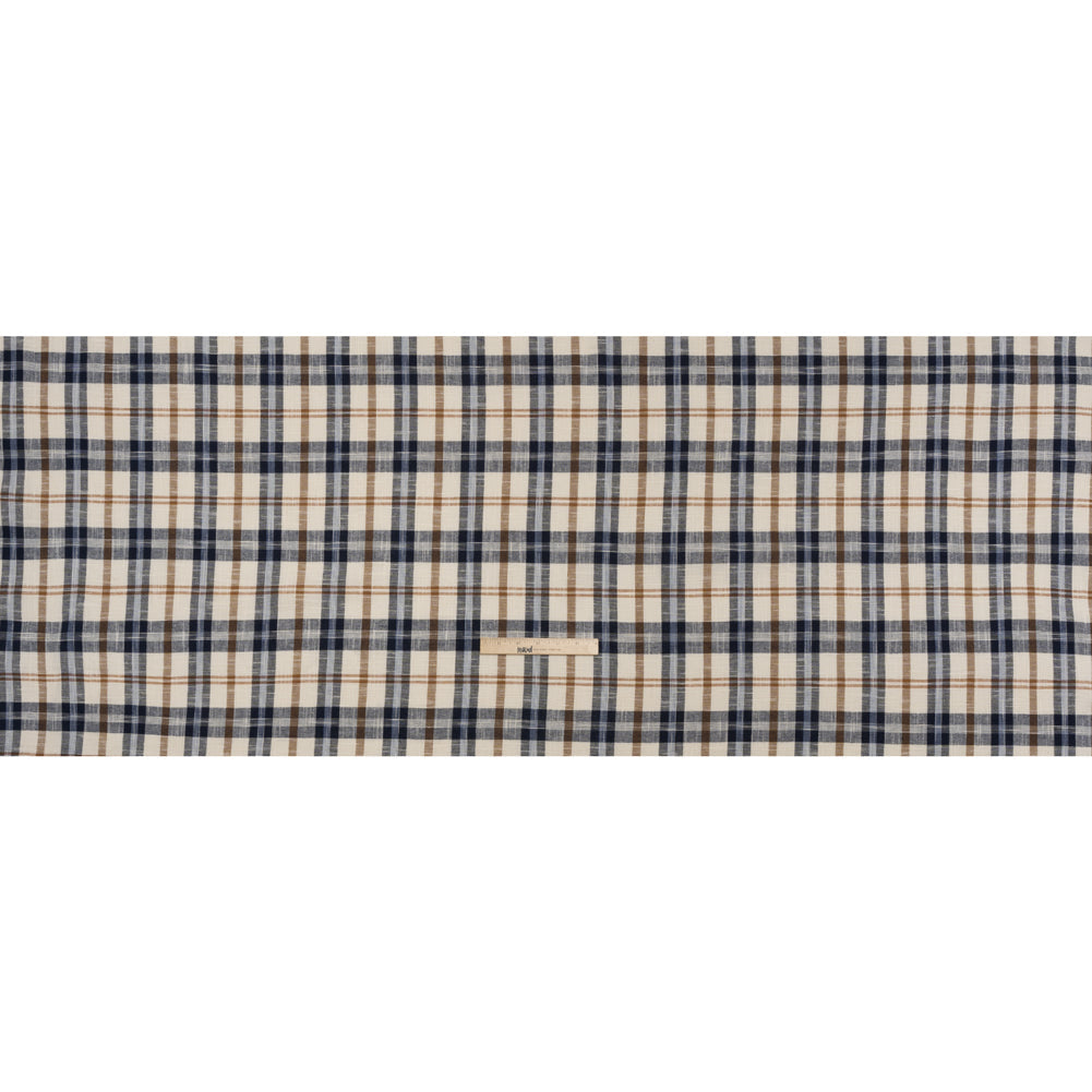 Lightweight Linen Woven - Navy, Camel Brown and Cream Plaid - Deadstock