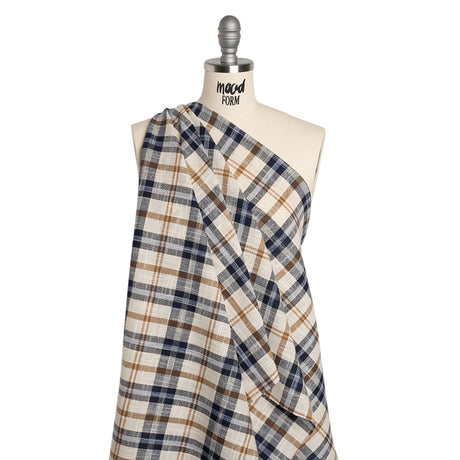 Lightweight Linen Woven - Navy, Camel Brown and Cream Plaid - Deadstock