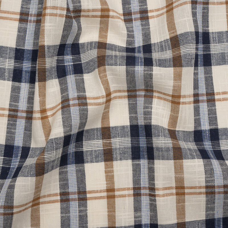 Lightweight Linen Woven - Navy, Camel Brown and Cream Plaid - Deadstock