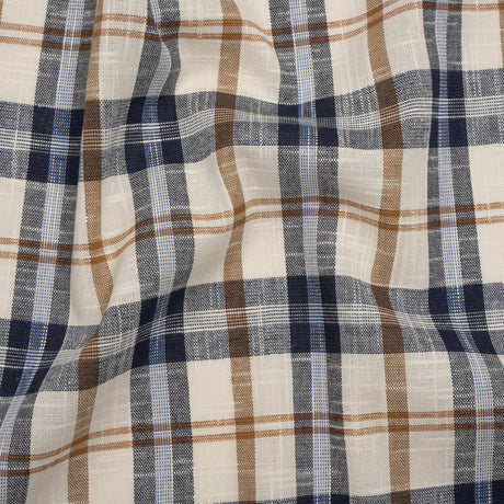 Lightweight Linen Woven - Navy, Camel Brown and Cream Plaid - Deadstock