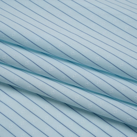 Cotton Dobby Shirting - Aqua Blue and Navy Stripes and Pluses - Deadstock