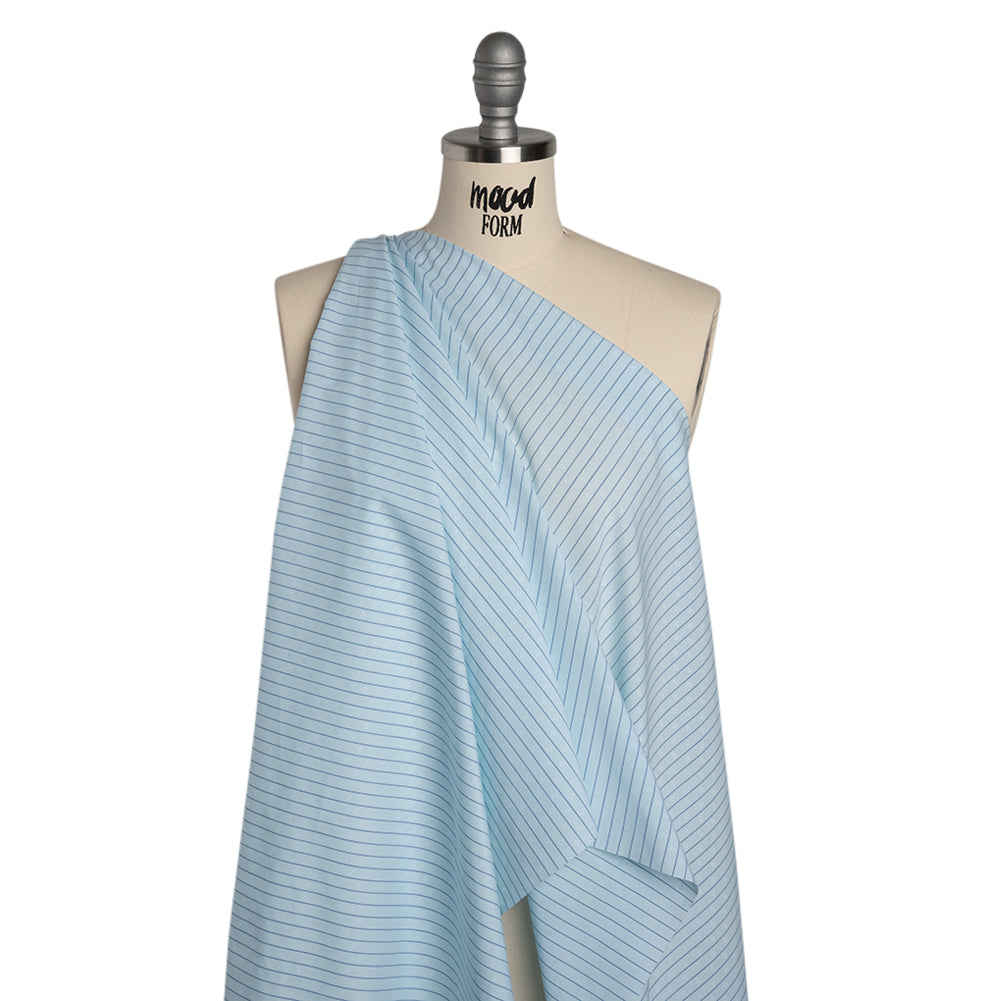 Cotton Dobby Shirting - Aqua Blue and Navy Stripes and Pluses - Deadstock