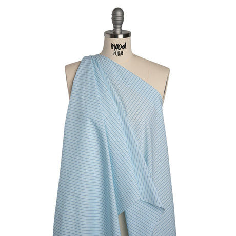 Cotton Dobby Shirting - Aqua Blue and Navy Stripes and Pluses - Deadstock