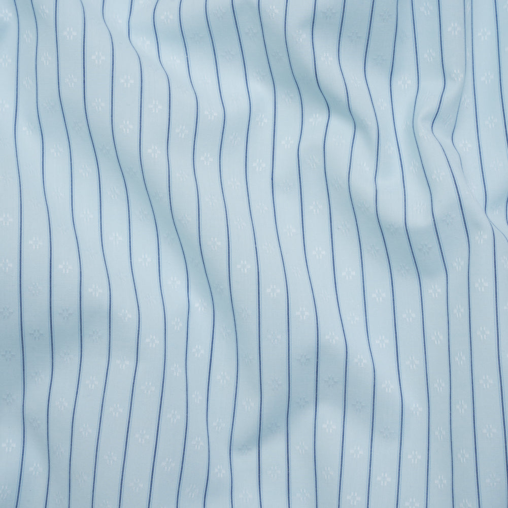 Cotton Dobby Shirting - Aqua Blue and Navy Stripes and Pluses - Deadstock