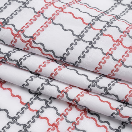 Cotton Jacquard Shirting - Navy, Red and White Wavy Lines Plaid - Deadstock