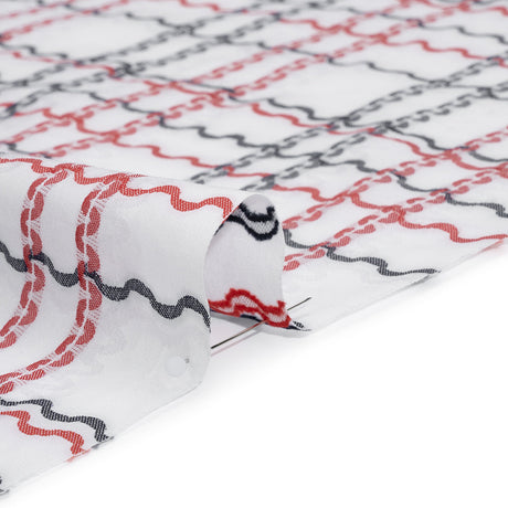 Cotton Jacquard Shirting - Navy, Red and White Wavy Lines Plaid - Deadstock