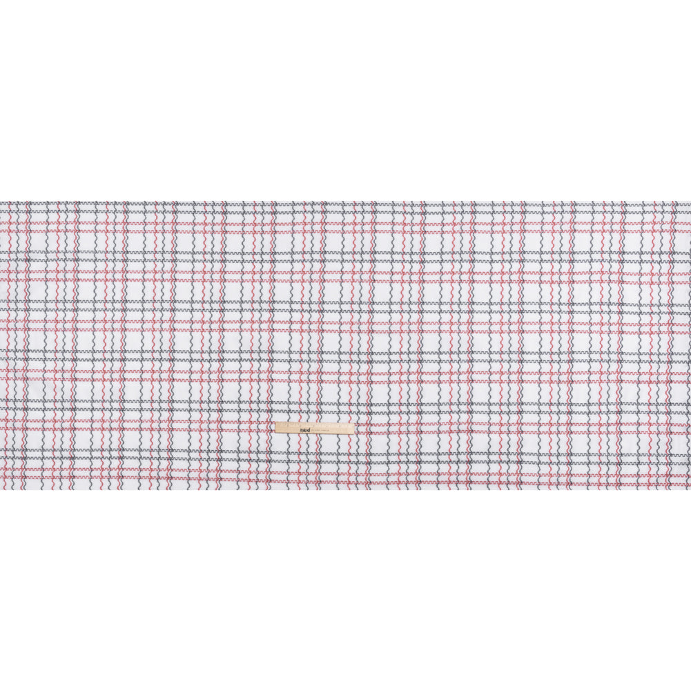 Cotton Jacquard Shirting - Navy, Red and White Wavy Lines Plaid - Deadstock