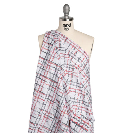 Cotton Jacquard Shirting - Navy, Red and White Wavy Lines Plaid - Deadstock