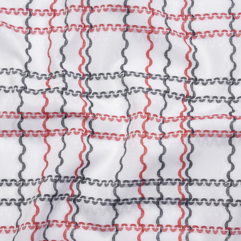 Cotton Jacquard Shirting - Navy, Red and White Wavy Lines Plaid - Deadstock