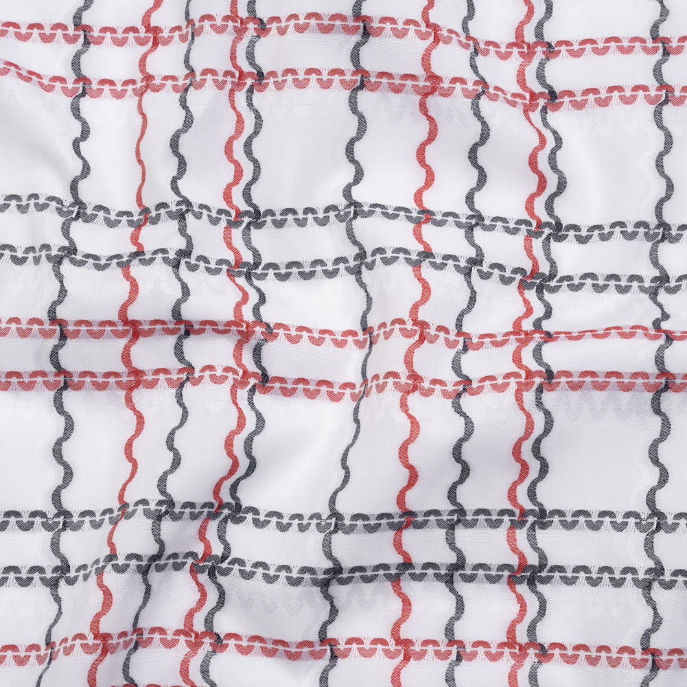 Cotton Jacquard Shirting - Navy, Red and White Wavy Lines Plaid - Deadstock