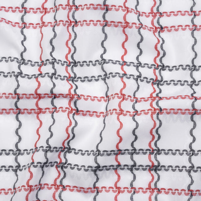 Cotton Jacquard Shirting - Navy, Red and White Wavy Lines Plaid - Deadstock