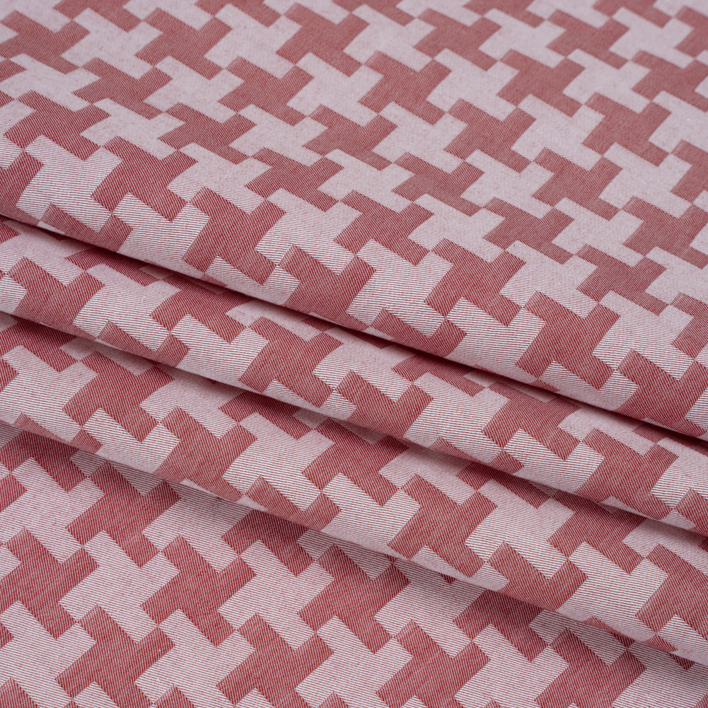 Cotton Twill Shirting - Red and White Geometric Houndstooth - Deadstock