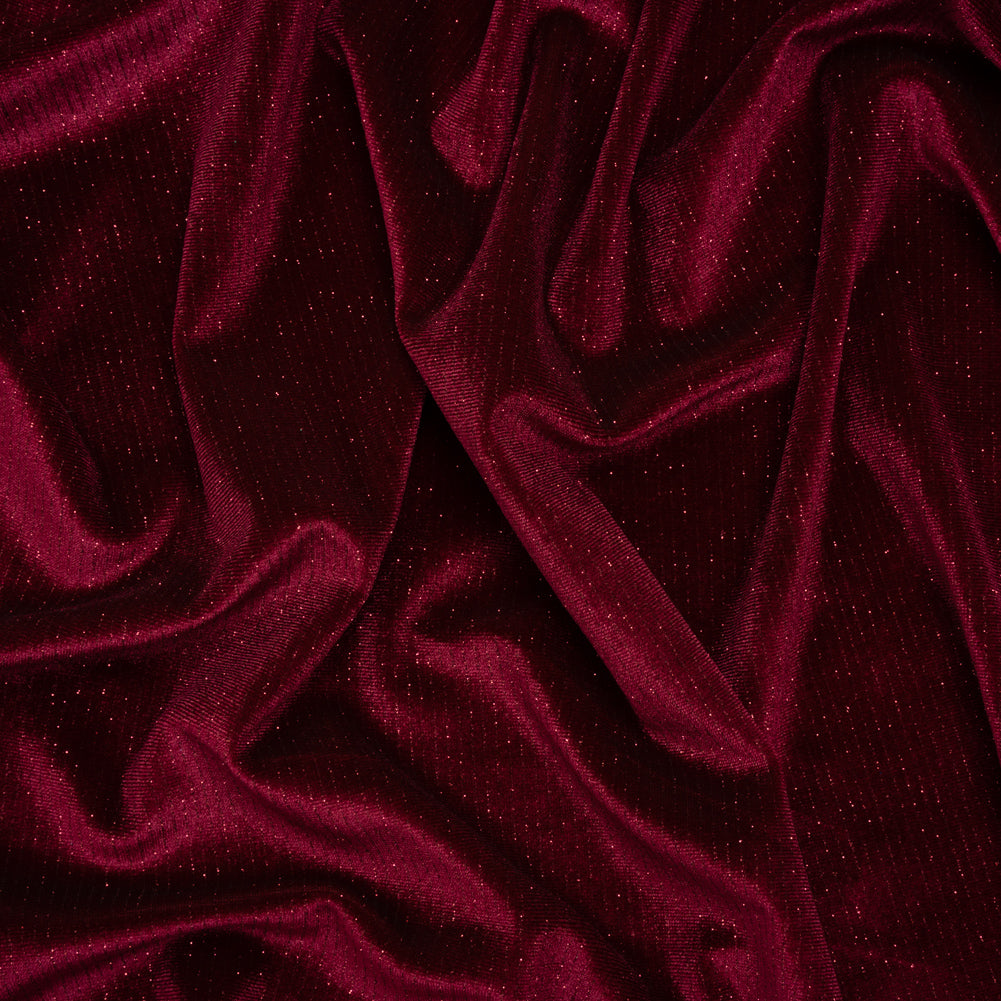 Glitter Stretch Polyester Velour - Burgundy - Designer Deadstock