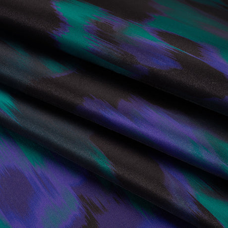 Polyester Twill Print - Emerald, Black and Ultramarine Blue Ikat Floral - Designer Deadstock