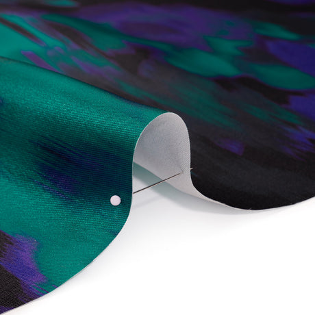 Polyester Twill Print - Emerald, Black and Ultramarine Blue Ikat Floral - Designer Deadstock