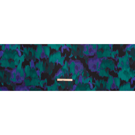 Polyester Twill Print - Emerald, Black and Ultramarine Blue Ikat Floral - Designer Deadstock
