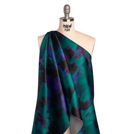 Polyester Twill Print - Emerald, Black and Ultramarine Blue Ikat Floral - Designer Deadstock
