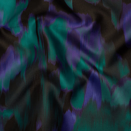 Polyester Twill Print - Emerald, Black and Ultramarine Blue Ikat Floral - Designer Deadstock