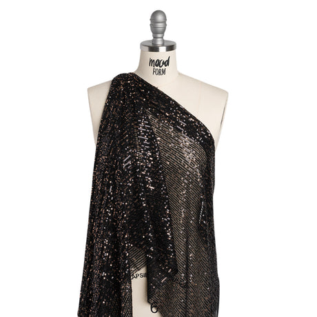 Stretch Polyester Mesh with Baby Sequins - Black and Gold Stripes - Designer Deadstock
