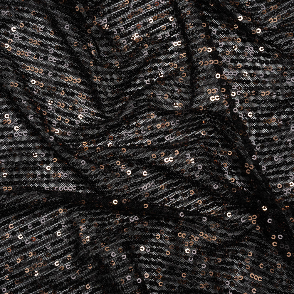 Stretch Polyester Mesh with Baby Sequins - Black and Gold Stripes - Designer Deadstock