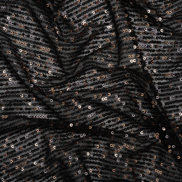 Stretch Polyester Mesh with Baby Sequins - Black and Gold Stripes - Designer Deadstock