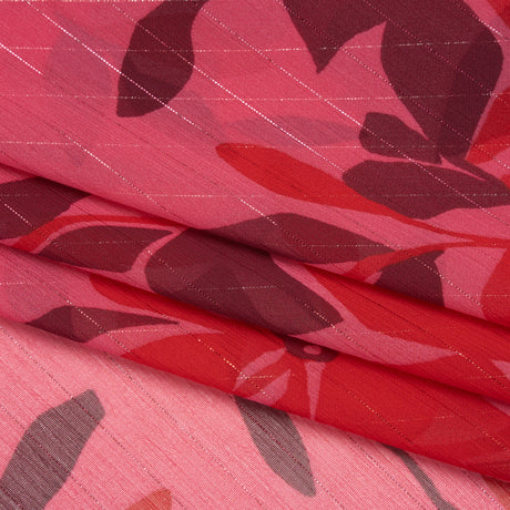 Polyester Chiffon with Metallic Pinstripes - Dark Pink, Red and Burgundy Floral - Designer Deadstock