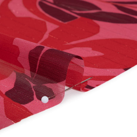 Polyester Chiffon with Metallic Pinstripes - Dark Pink, Red and Burgundy Floral - Designer Deadstock