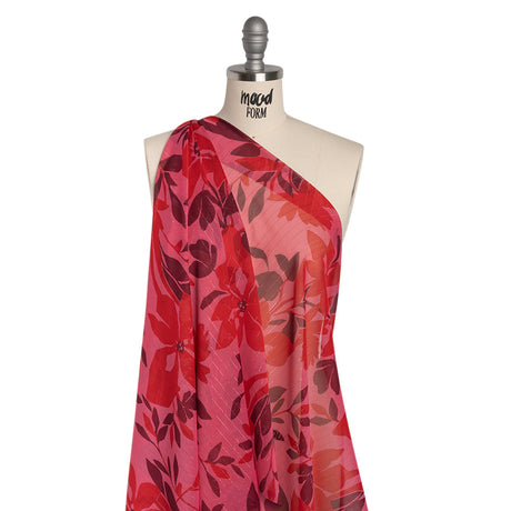 Polyester Chiffon with Metallic Pinstripes - Dark Pink, Red and Burgundy Floral - Designer Deadstock