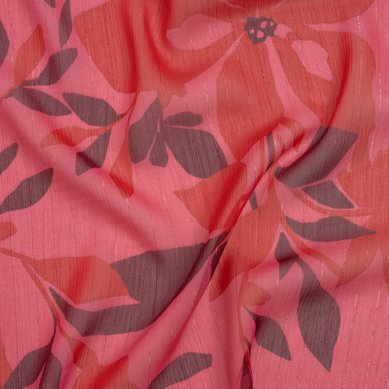 Polyester Chiffon with Metallic Pinstripes - Dark Pink, Red and Burgundy Floral - Designer Deadstock