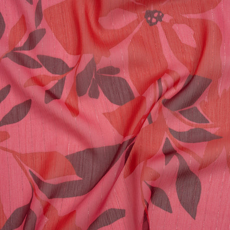 Polyester Chiffon with Metallic Pinstripes - Dark Pink, Red and Burgundy Floral - Designer Deadstock