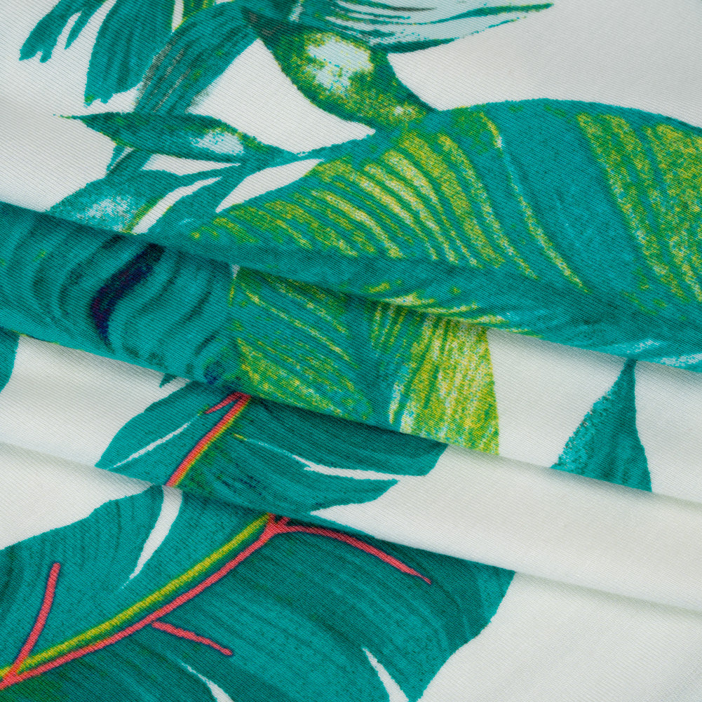 Stretch Rayon Jersey Print - Ocean Green, Lime and Pink Lush Tropical Leaves - Designer Deadstock