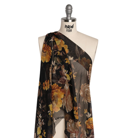Polyester Chiffon Print with Textured Pinstripes - Black, Yellow and Orange Floral - Designer Deadstock