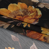 Polyester Chiffon Print with Textured Pinstripes - Black, Yellow and Orange Floral - Designer Deadstock