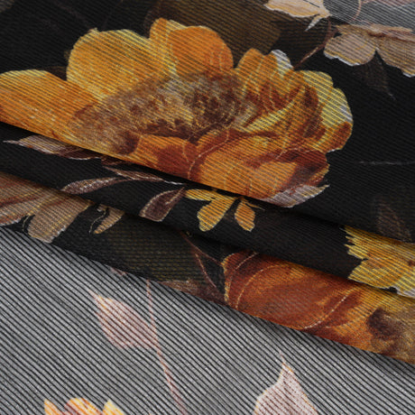 Polyester Chiffon Print with Textured Pinstripes - Black, Yellow and Orange Floral - Designer Deadstock