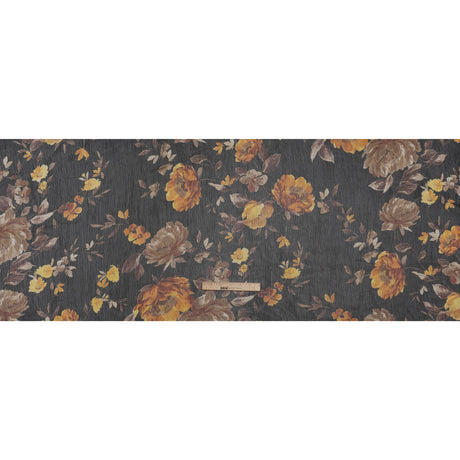 Polyester Chiffon Print with Textured Pinstripes - Black, Yellow and Orange Floral - Designer Deadstock