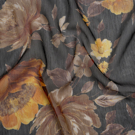 Polyester Chiffon Print with Textured Pinstripes - Black, Yellow and Orange Floral - Designer Deadstock