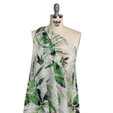 Polyester Burnout Brocade Print - White, Green and Black Floral - Designer Deadstock
