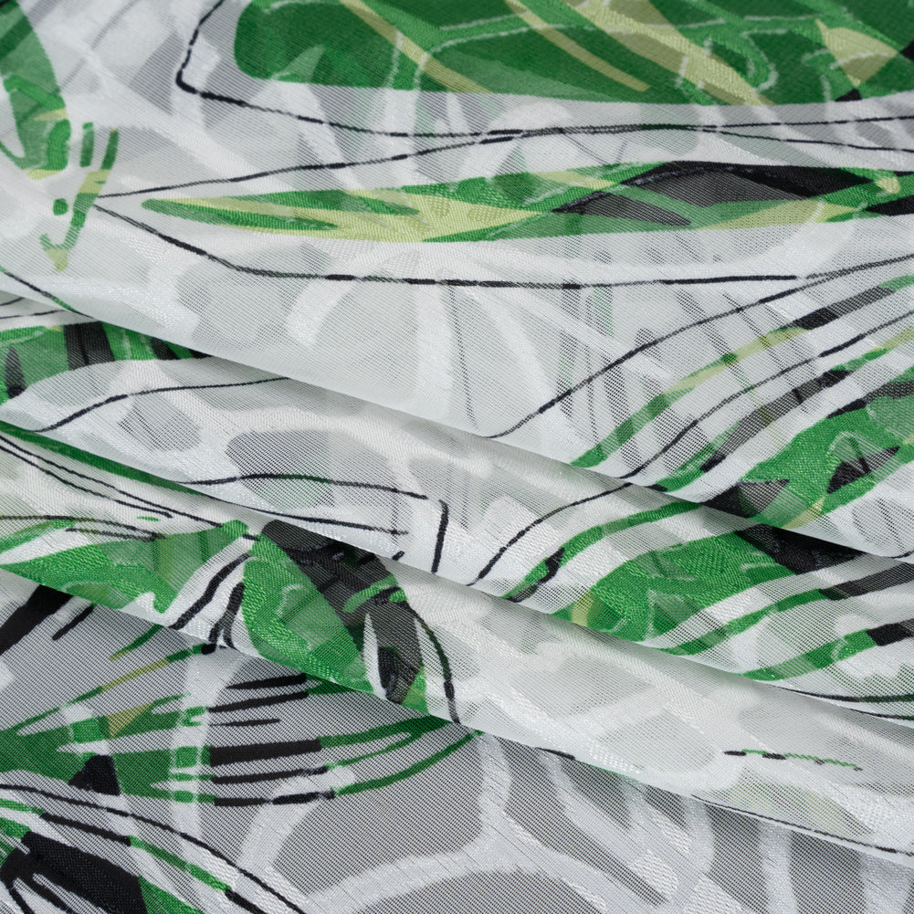 Polyester Burnout Brocade Print - White, Green and Black Floral - Designer Deadstock
