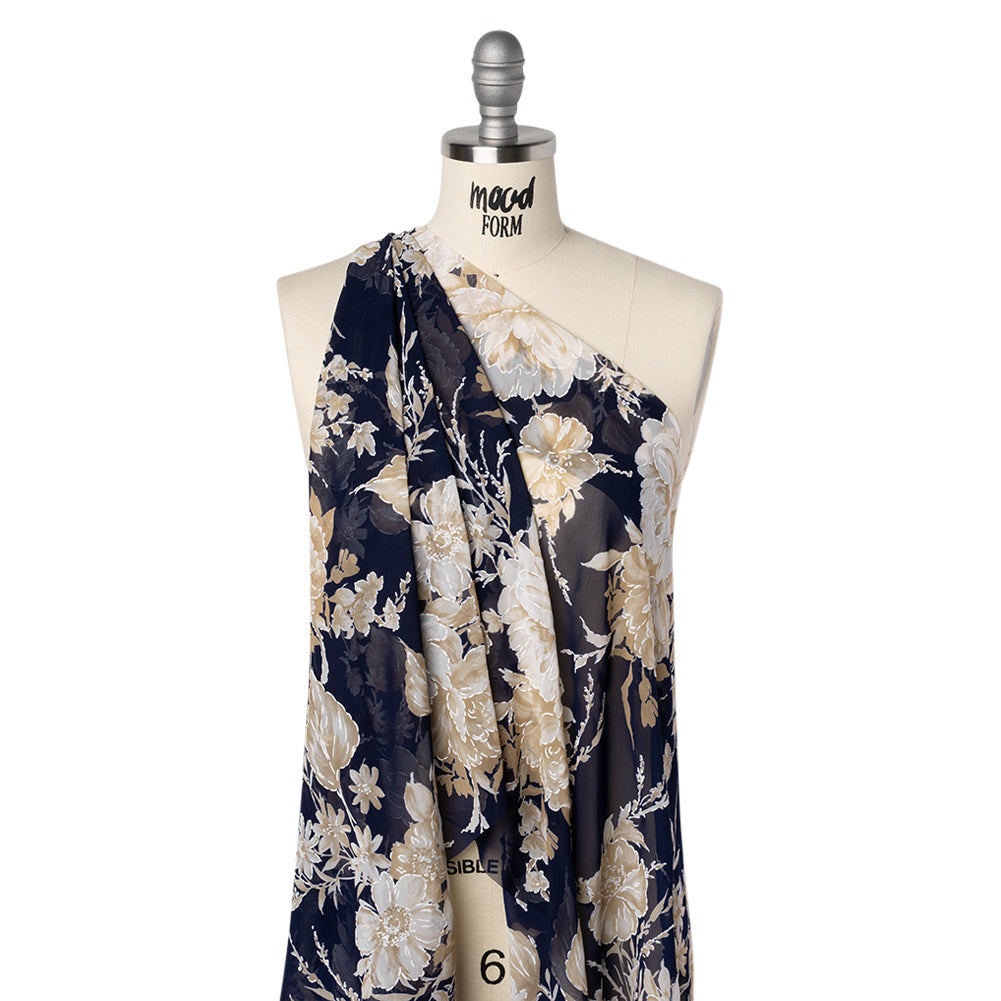 Polyester Chiffon with Puffy Print - Navy, Ivory and Tan Floral - Designer Deadstock