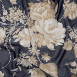 Polyester Chiffon with Puffy Print - Navy, Ivory and Tan Floral - Designer Deadstock