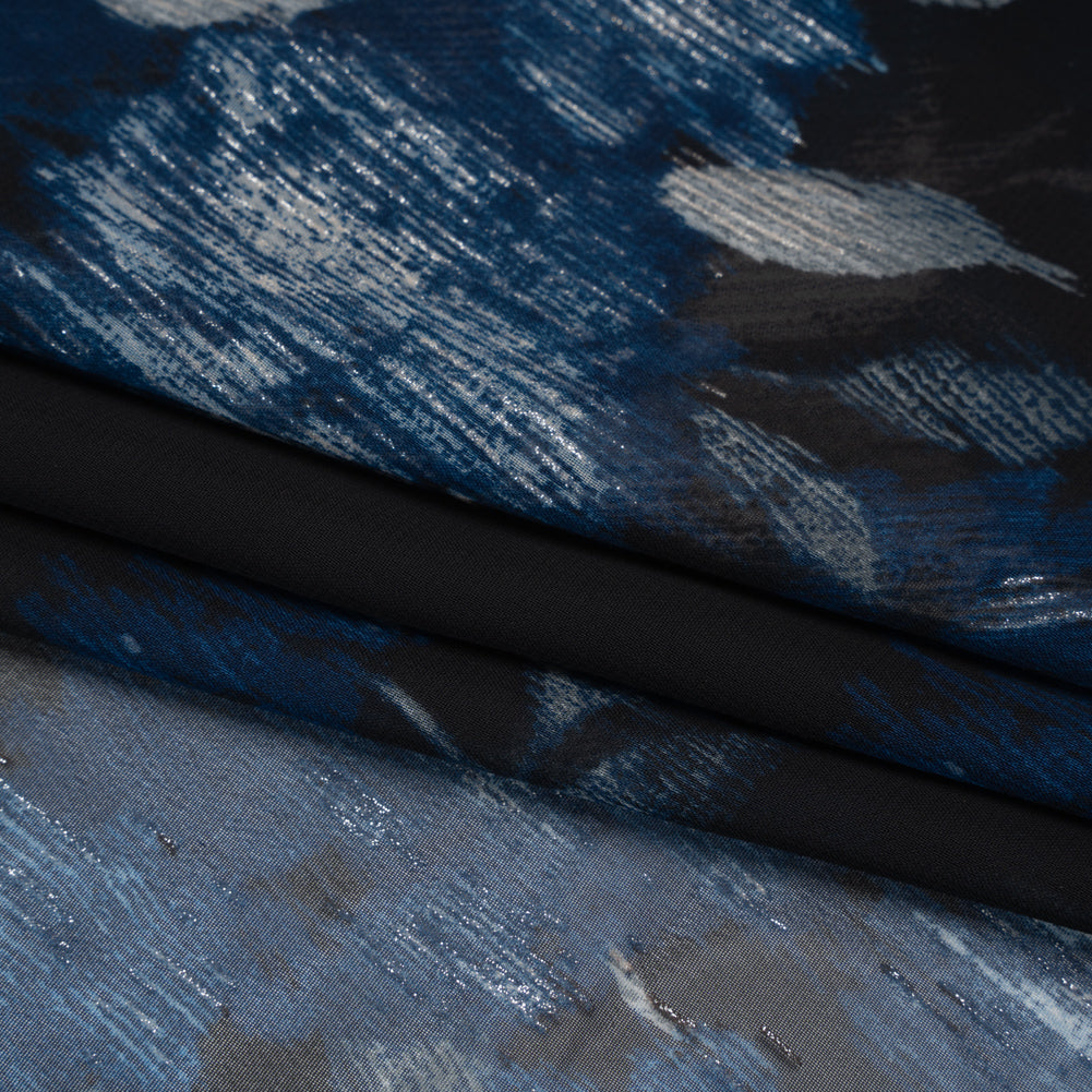 Foiled Polyester Chiffon Print - Black, Blue and Silver Ikat Roses - Designer Deadstock