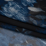 Foiled Polyester Chiffon Print - Black, Blue and Silver Ikat Roses - Designer Deadstock