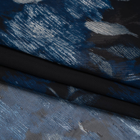 Foiled Polyester Chiffon Print - Black, Blue and Silver Ikat Roses - Designer Deadstock