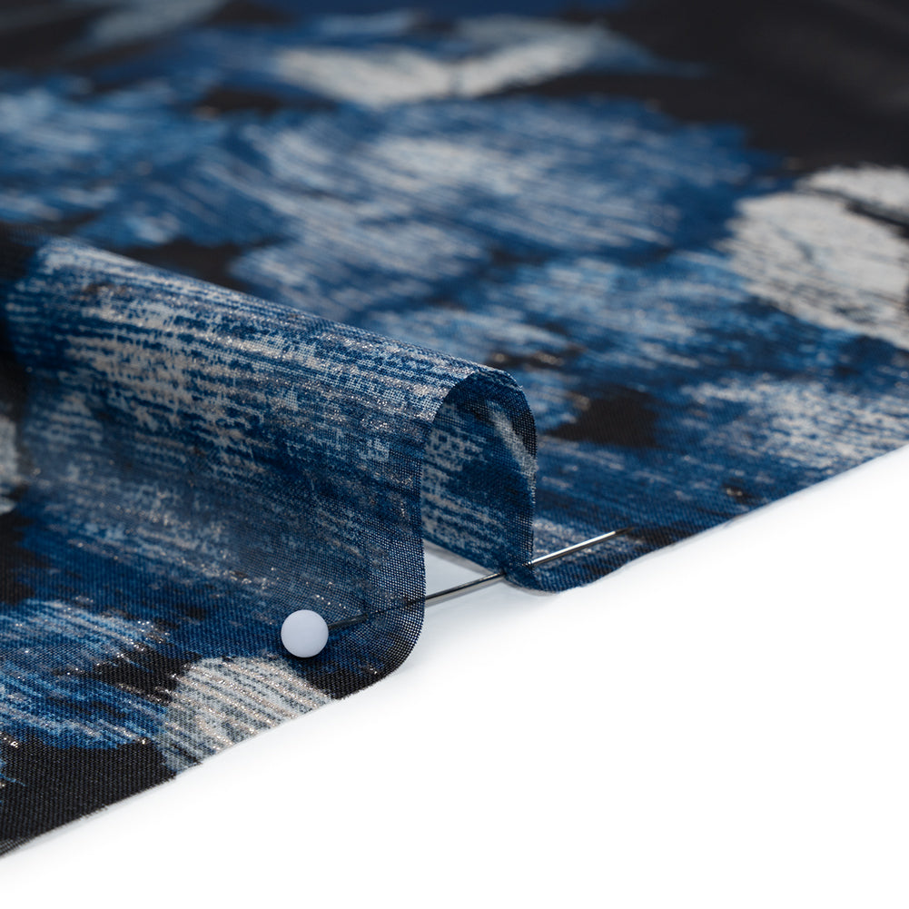Foiled Polyester Chiffon Print - Black, Blue and Silver Ikat Roses - Designer Deadstock