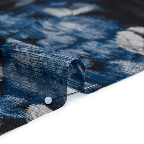 Foiled Polyester Chiffon Print - Black, Blue and Silver Ikat Roses - Designer Deadstock