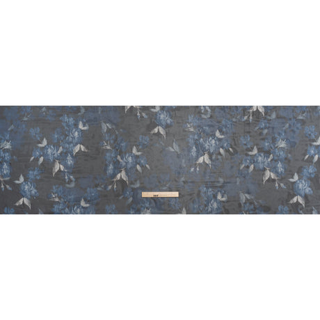 Foiled Polyester Chiffon Print - Black, Blue and Silver Ikat Roses - Designer Deadstock
